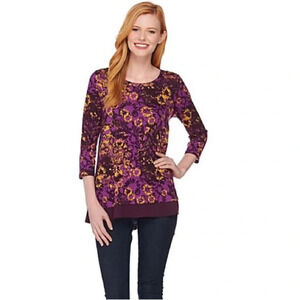 LOGO by Lori Goldstein purple and gold Printed Top with Solid Trim